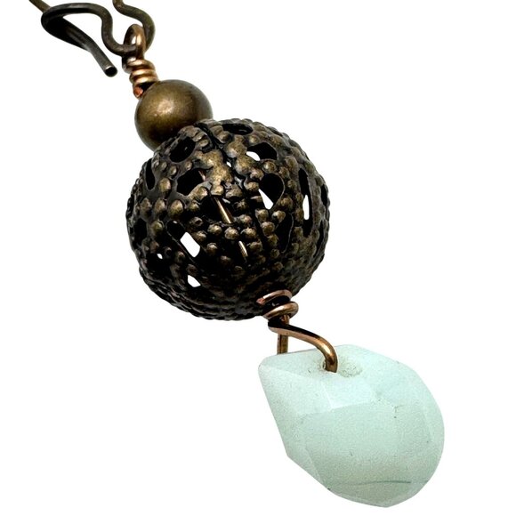 Handcrafted Bronze Filigree Opaque Aqua Teardrop Earrings Long Ear Wires - Picture 7 of 8